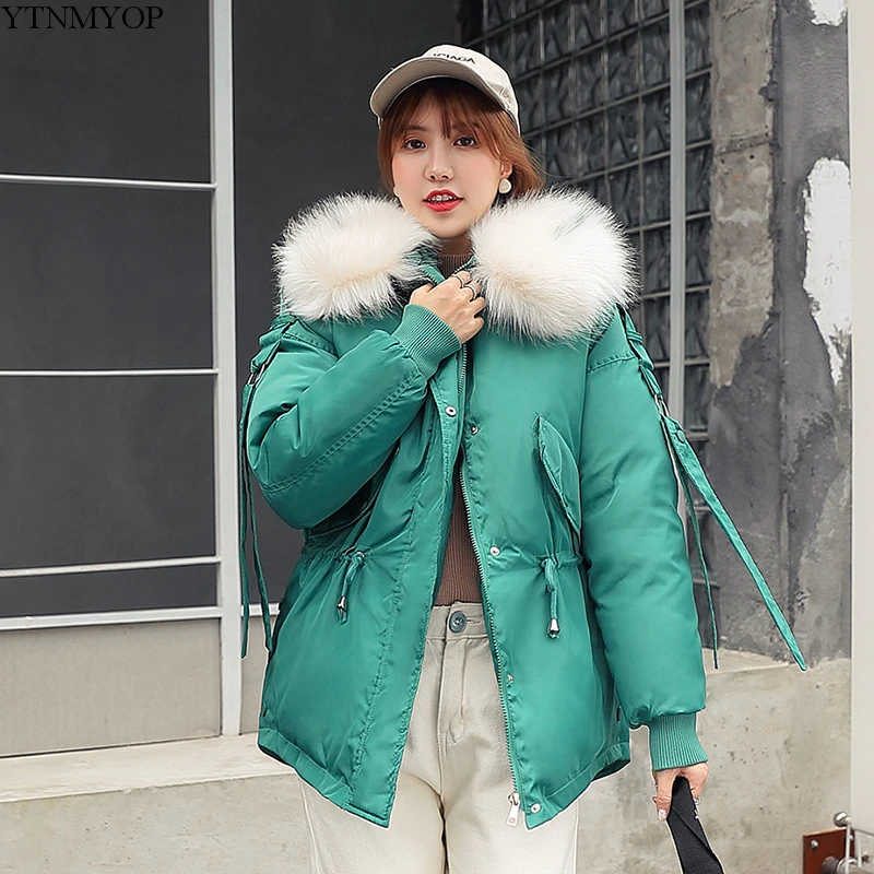 YTNMYOP Large Fur Collar Winter Coat Women Hooded Parkas Short Cotton Padded Jacket Coat Thickening Warm Wadded Jacket Female