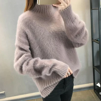 Пушистый свитер, водолазка, кашемировый свитер, женские свитера большого размера, вязанные, Pull Femme Hiver, корейский пуловер, Рождественский розовый - Цвет: fluffy sweater