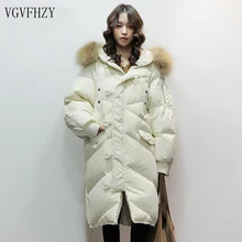 Новая мода, зимняя женская куртка на 90% белом утином пуху, длинный пуховик, большая парка с капюшоном из натурального меха енота, теплая плотная верхняя одежда