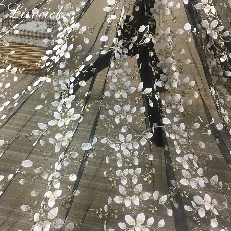 1 ярдов чистая пряжа трехмерная золотая нить вышивка цветок кружевная ткань сетчатый материал 130 см diy аксессуары для одежды