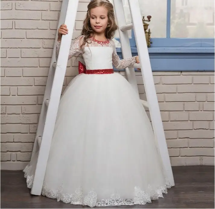 

2019 White Lace First Communion Dress For Girls with Red Bow Tulle Long Sleeve Flower Girl Dresses Pageant Gown Custom Made