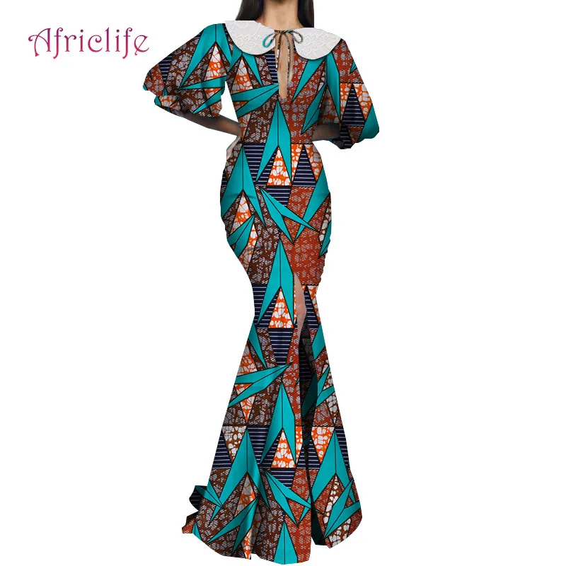 Африканские платья женские длинные вечерние платья традиционный Африканский узор с пышными рукавами воротник в виде бабочки Базен Riche