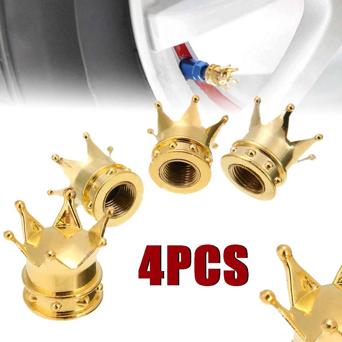 For Car Truck Bike 4pcs Gold Aluminum Vent Cap Crown Style Car Wheel Tyre Tire Air Valve Stem Cap Dust Covers Mayitr