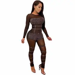 Новое поступление Для женщин пикантные Bodycon Sequin комбинезон Black Mesh бриллианты See Through боди Длинные рукава Комбинезоны