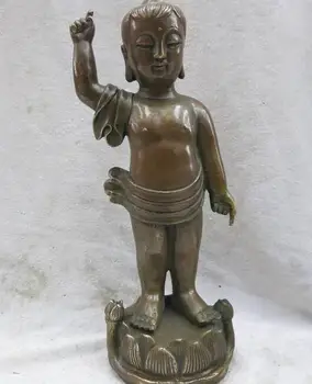

10" China brass copper Buddhism lotus flower boy Buddha Sculpture Statue