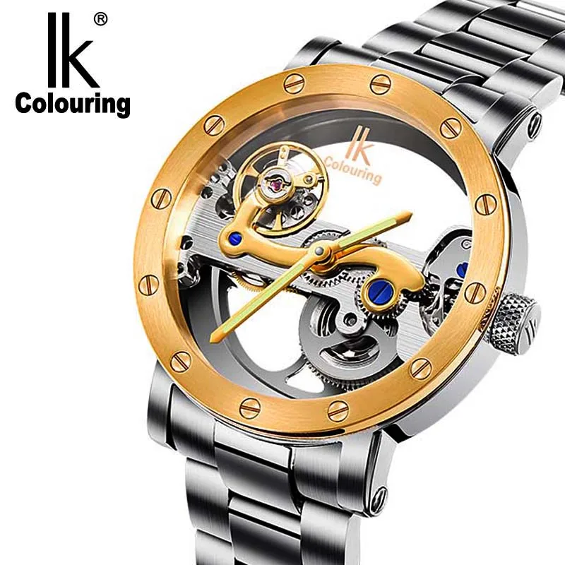 

IK colouring automatic mechanical watch double-sided hollow steel tide male table 50 meters waterproof men's watches