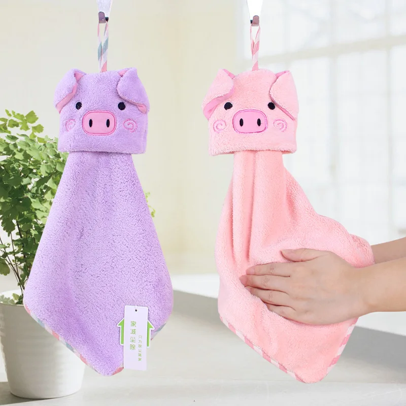 

Ultra-fine Fiber Cartoon Pig Kitchen Cartoon Animal Hanging Cloth Soft Plush Dishcloths Hand Towel Purple 2pcs