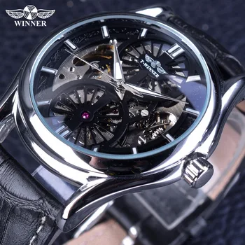 

Winner Silver Case 2017 Trendy Modern Mens Automatic Wristwatches Top Brand Luxury Leather Belt Silver Case Skeleton Open Work