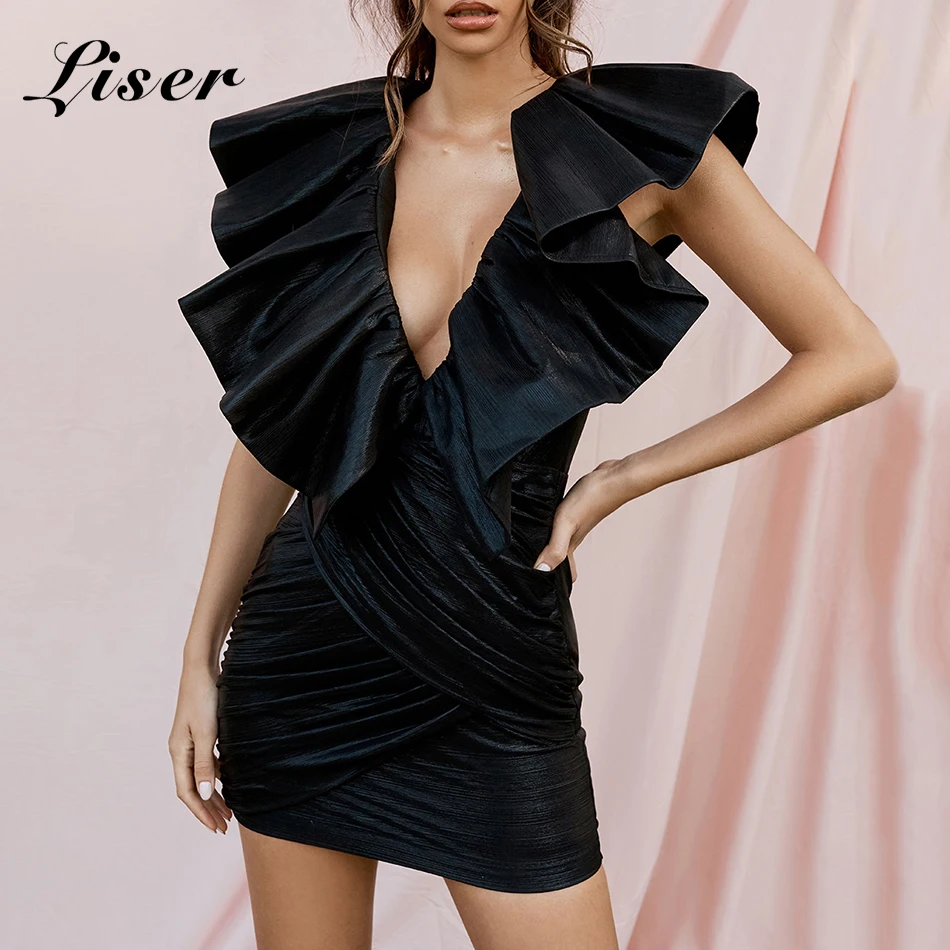 

Liser 2019 New Summer Women Dress Deep V Neck Draped Mini Black Dress Sexy Bodycon Elegant Club Celebrity Party Dresses Vestidos