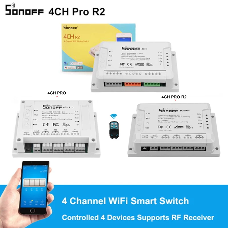 Baratos Sonoff 4CH Pro R2 inteligente Wifi interruptor de RF de 433MHz Wifi interruptor de la luz 4 3 modos de trabajo empujando de enclavamiento de casa inteligente con Alexa.
