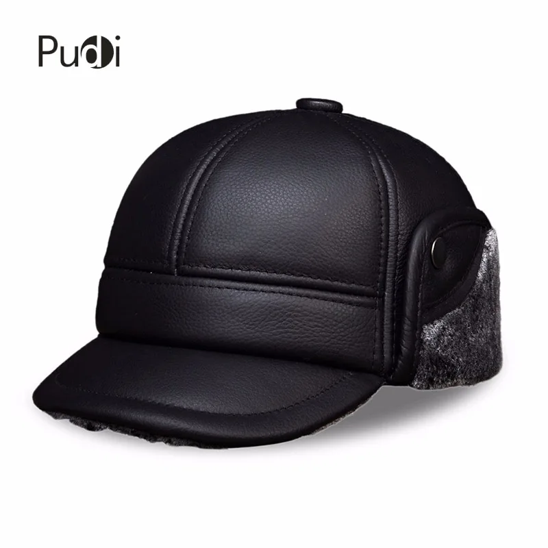 

HL104 Men's real cow leather baseball cap hat brand new style winter warm Russian genuine leather caps hats with Faux fur inside