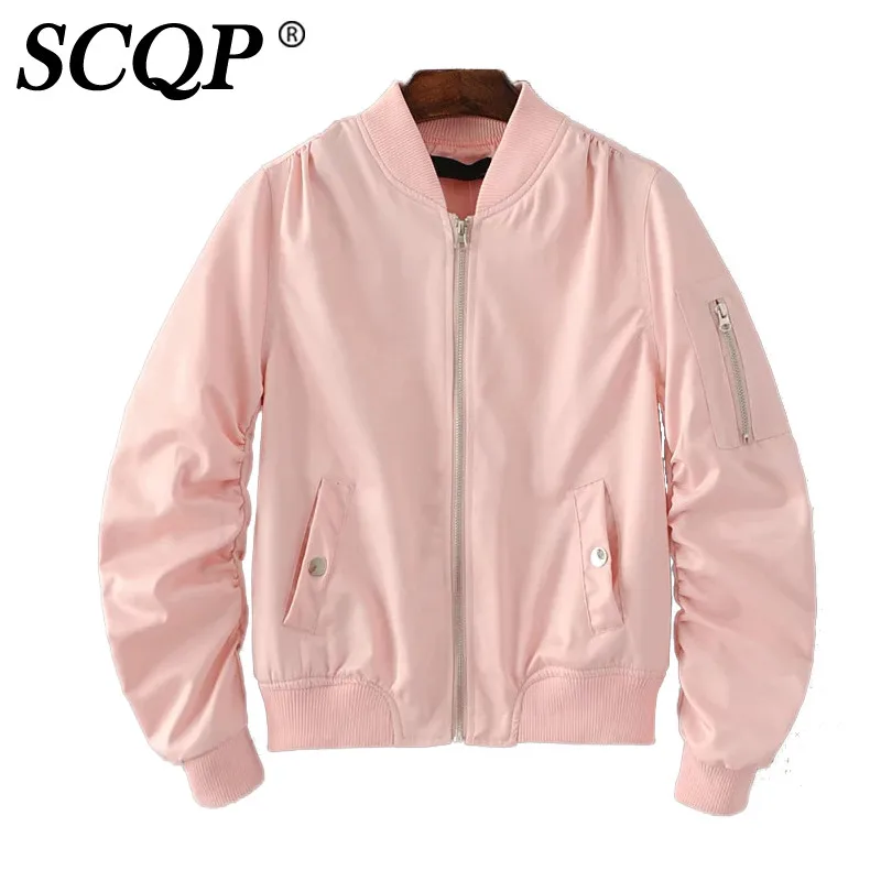 SCQP Solid Pink Army Zippers Bombers Woman 2016 Fashion Ladies Satin
