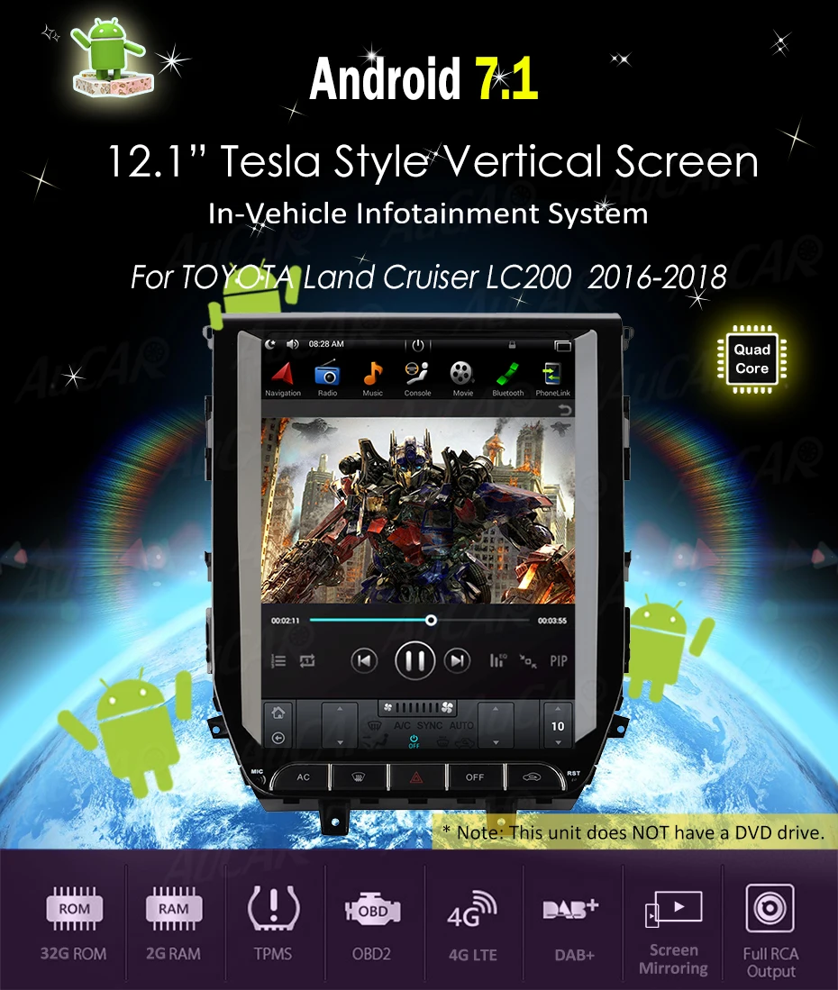 Android 7,1 12," Tesla стиль для Toyota Land Cruiser 200 dvd-плеер Bluetooth радио wifi 4G Вертикальная стерео ips