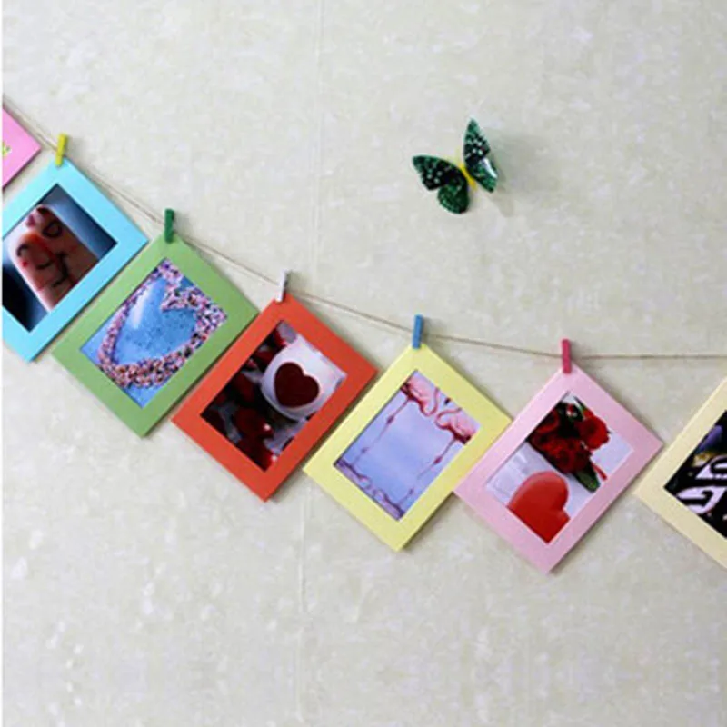 

10pcs Colorful DIY Wall Hanging Paper Photo Frame Square Wall Hanging Cute Paper Photo Frame With Rope Wood Clip Pictures