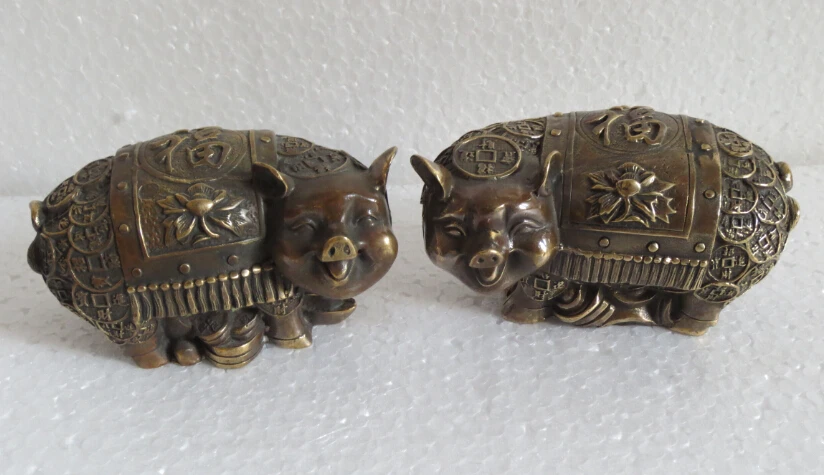 

Metal Crafts A pair of Chinese antique bronze money Lucky Pig statue/sculpture fast shipping size: H7,W6,L11CM