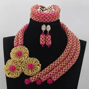 

Splendid Fuchia Pink Dubai African Wedding Jewelry Set Gold Crystal Beaded Women Engagement Necklace Set Beads for Party QW719