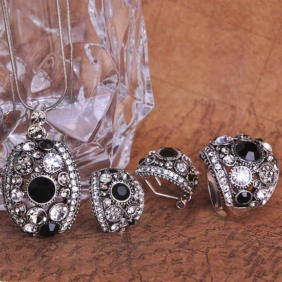 Fashion Luxury African Jewelry Sets Brand Europe Royal Design Vintage Rhinestone Necklace Earrings Rings Sets Colares