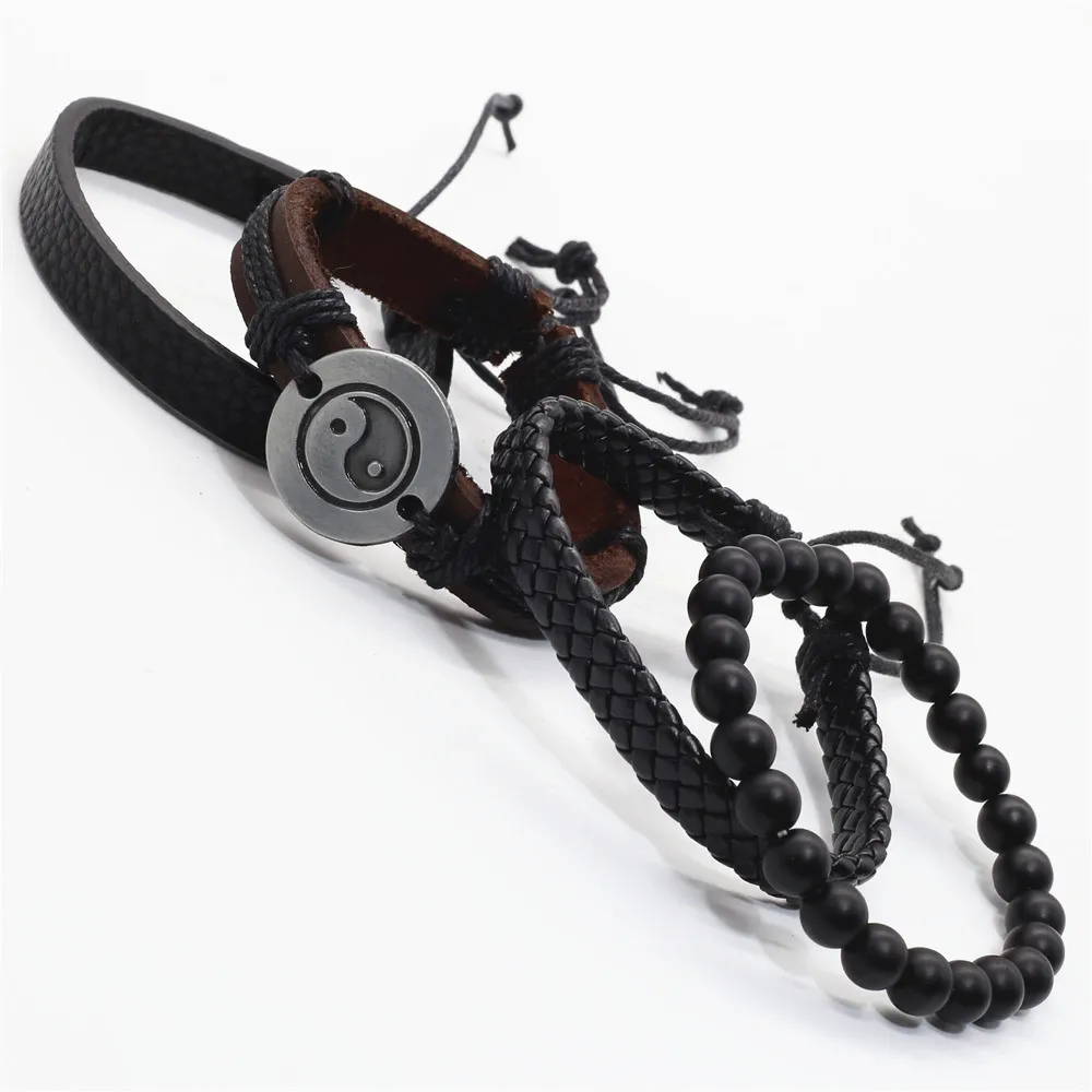 4pcs/set Leaf Feather Words Charm Black Brown Leather Beads Women Bracelets Men Male Femme Jewelry