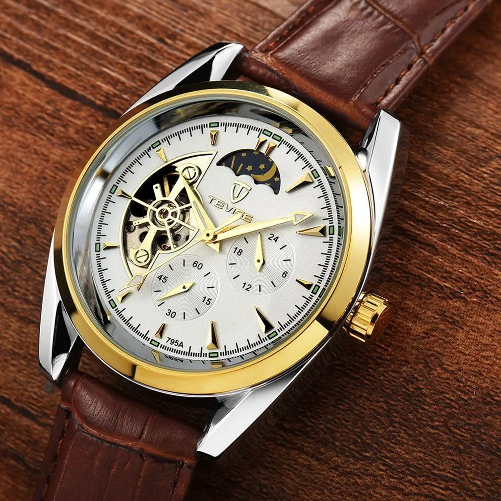 Tevise мужские часы с турбийоном автоматический кожаный ремешок часы Роскошные Moon Phase механические водостойкие часы выдалбливают циферблат