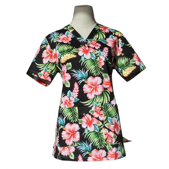

Women's V Neck Pure Cotton Flower Printing Scrubs TOP Short Sleeve Medical Uniforms Cute
