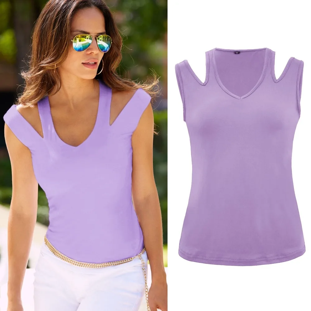 Black Elegant Sexy Trim Sleeveless V Neck Tee Summer Women Weekend Casual T-shirt Top 4 colors Summer Women Weekend T-sh Tops