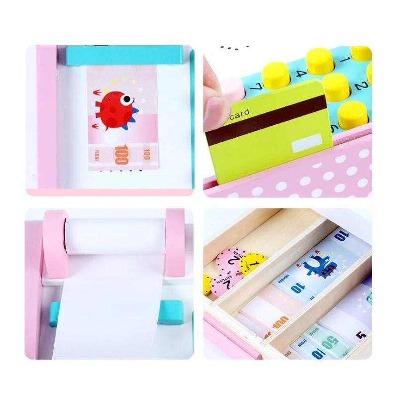  Children Simulation Cash Register Wooden Toys Kids Montessori Educational Toys Cashier Desk Baby To