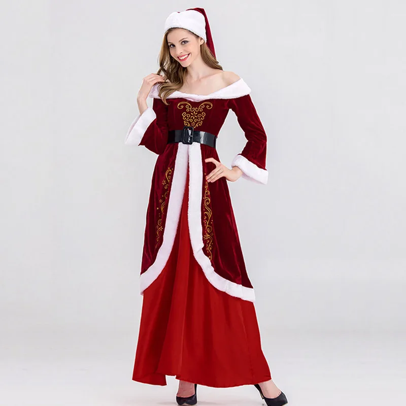 Новый год рождественский костюм для женщин взрослых пикантные Красные Длинные платья Вечерние Партии Необычные косплэй костюмы зима