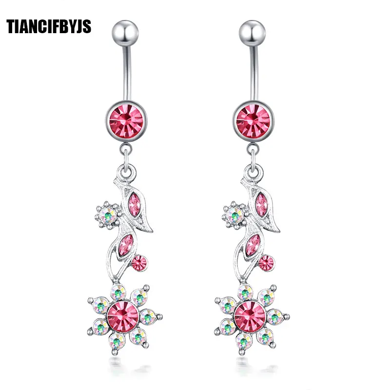 

TIANCIFBYJS Medical Woman Belly Button Ring Body Jewelry 14G Gauges Kit Crystal Navel Umbilical Nail Earrings Piercing Omblig