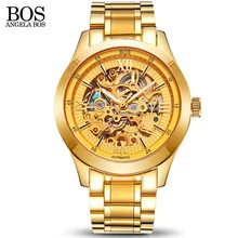 ANGELA BOS Gold Stainless Steel Skeleton Watch Men Mechanical Automatic Waterproof Luxury Watch Men Famous Brand Wristwatches