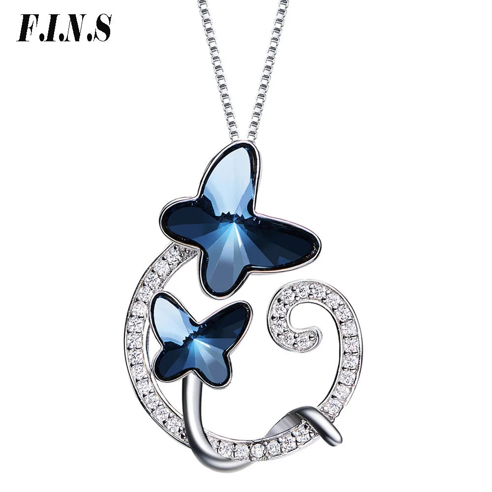 

F.I.N.S Blue Austrian Crystal Butterfly Necklaces Statement Pendant 925 Sterling Silver Rhinestone Paved Fine Jewelry Colar