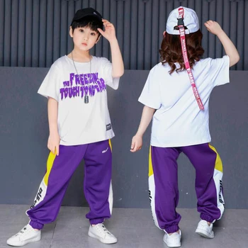 

Purple Boys Ballroom Hip Hop Jazz Dancing Costumes Clothes Children Party Stage wear Performance T Shirt Tops +Pant Outfits Kids