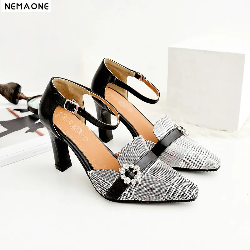 Koop NEMAONE Nieuwe plaid hoge hakken vrouwen pompen poined teen mather schoenen kantoor dames led schoenen groen beige geel zwart