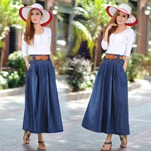 Плиссированная джинсовая юбка в консервативном стиле с поясом и высокой талией, новинка, длинная джинсовая юбка с бюстом для девочек, женские джинсовые юбки размера плюс 5XL 6XL