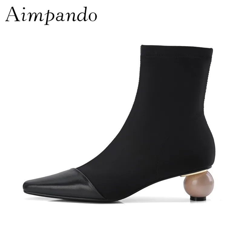 

Asymmetrical Strange Heel Short Boots Black Leather Stretch Fabric Patchwork Autumn Winter Ankle Boots Women