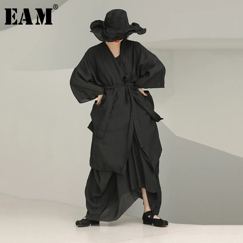 

[EAM] 2019 New Autumn Winter V-collar Long Sleeve Black Loose Long Big Size Sunscreen Jacket Women Coat Fashion Tide JU555