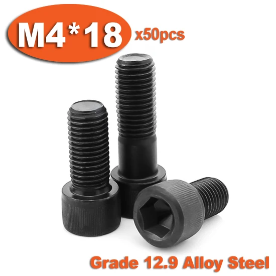 

50pc DIN912 M4 x 18 Grade 12.9 Alloy Steel Screw Black Full Thread Hexagon Hex Socket Head Cap Screws