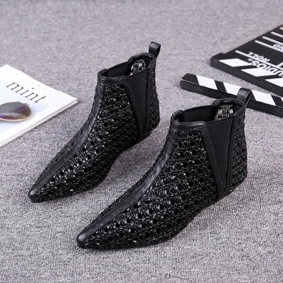 

2019 summer new breathable mesh boots pointed low heel woven ankle boots leather wild sandals women
