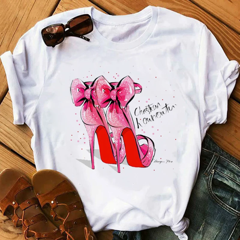 

Red High Heel T Shirt Women Lady Luxury Paris Style T-Shirt Women Tee Shirt Femme Summer Short sleeve Girl Hipster Tops tee