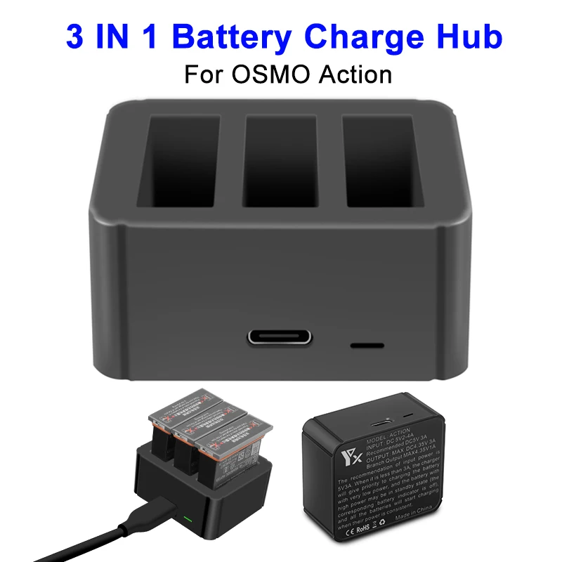 3 in 1 OSMO ACTION Battery Charger Hub TYPE-C Input 4.35V Lithium Charging Kit for DJI Accessories | Электроника