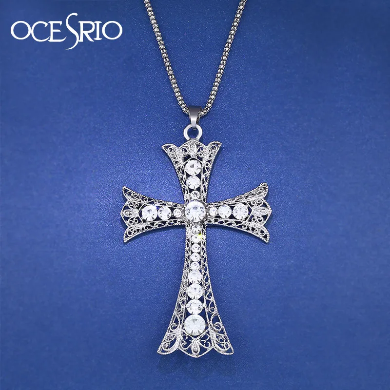 Retail / Wholesale! Silver big cross pendant long necklaces with