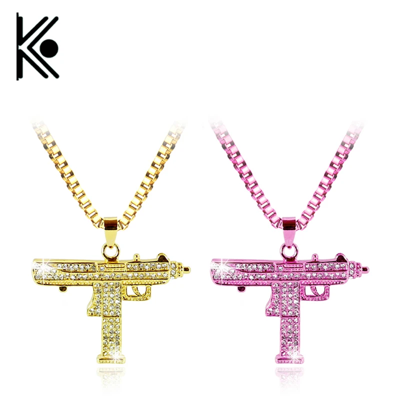 

Fashion Hip hop jewelry Uzi Gun Pendant Necklace Men Alloy Full Rhinestone Bling Submachine Gun link chain Pop Wholesale