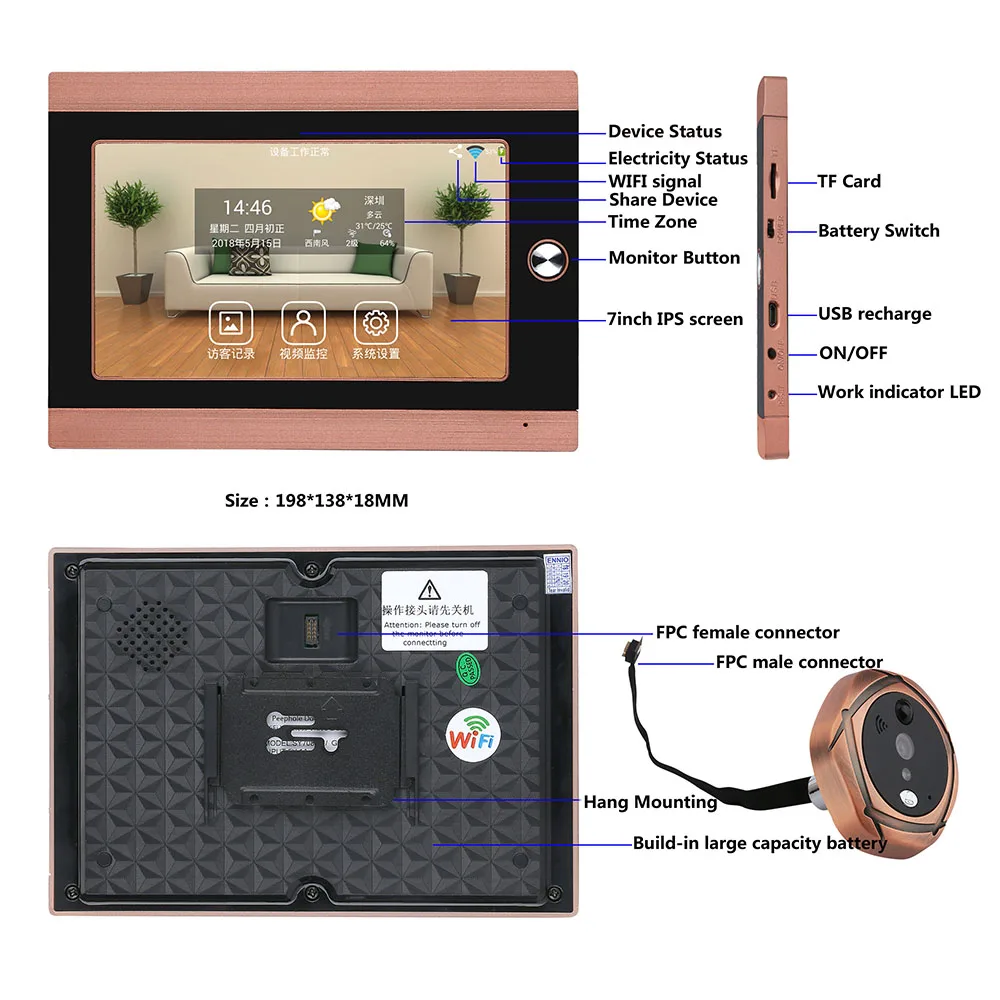 720 P Wi-Fi Беспроводной Цифровой глазок двери Viewer 7 inch спереди Видео дверной глазок Камера беспроводной дверной звонок с внутренней или взять
