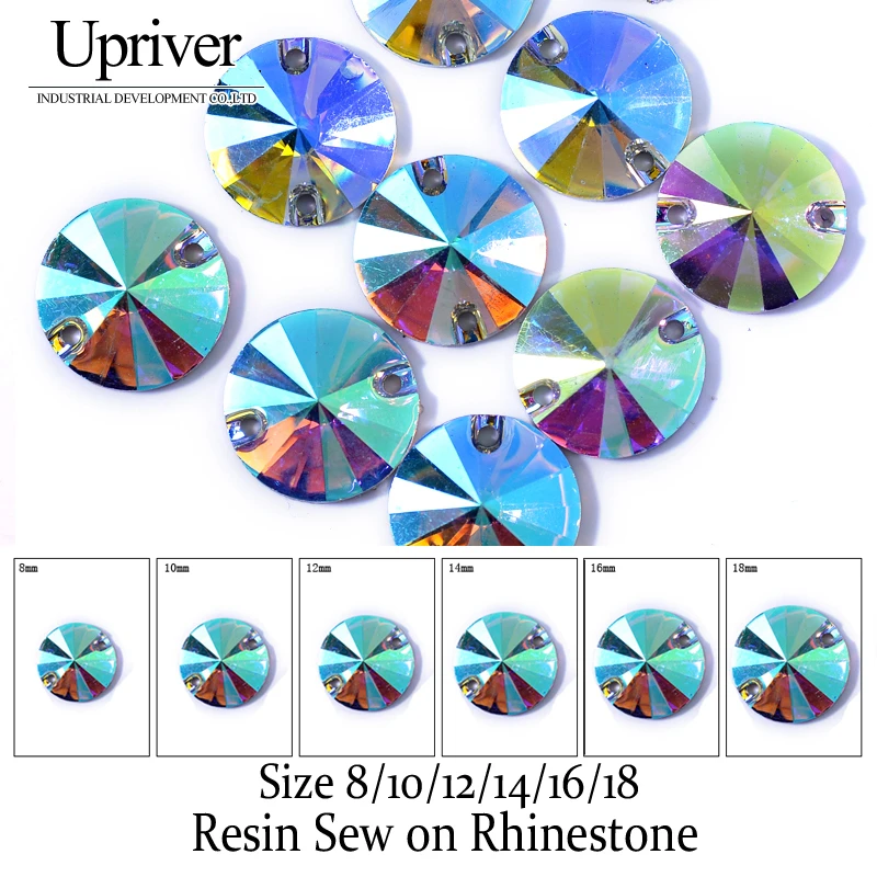 

Upriver 100pcs/Lot Round Sew-on Resin Crystal AB Flat Back With Holes Resin Sew on Rhinestone Beads For DIY Dress Garment Bag