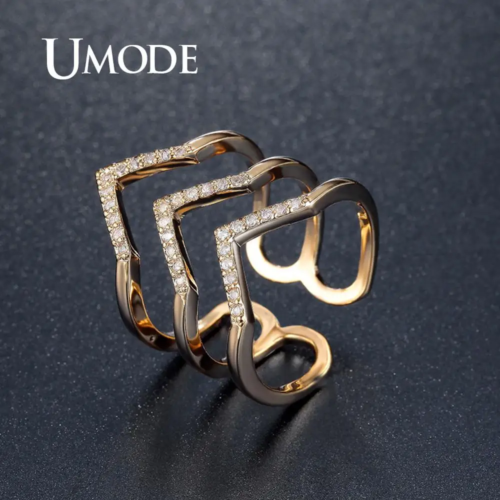 Женское кольцо с цирконом UMODE Винтажное золотого цвета в форме волны