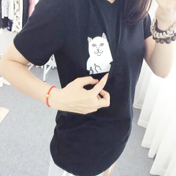 Забавные белый черный карман футболка с изображением кошки футболки для женщин Женская мода O средства ухода за кожей Шеи 2XL 3XL 4XL плюс