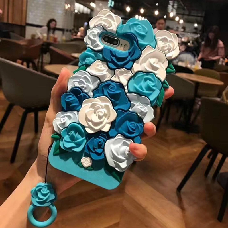 Aoweziic 3D Cute Romantic Rose Flowers Phone Case For iPhone X 6 6s 7 7 Plus XR XS MAX Soft Silicone Luxury Fashion Free Lanyard