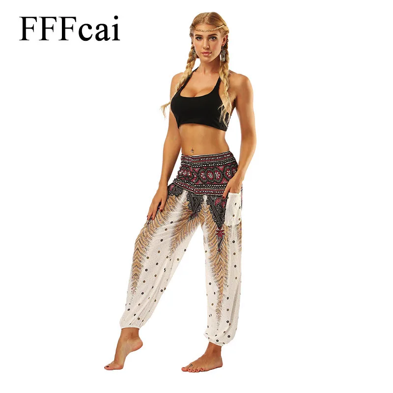 

FFFcai Women's Yoga Pants Top Comfy Beach Casual Gypsy Yoga's Harem Pants Trousers Indian Summer Loose Sports Leggings Yoga Pant