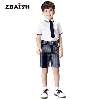 

2018 New Summer Kids Sets Baby Boy Clothes Short Sleeve Shirt Top+Striped Shorts 2pcs Suits School Style Children Clothing