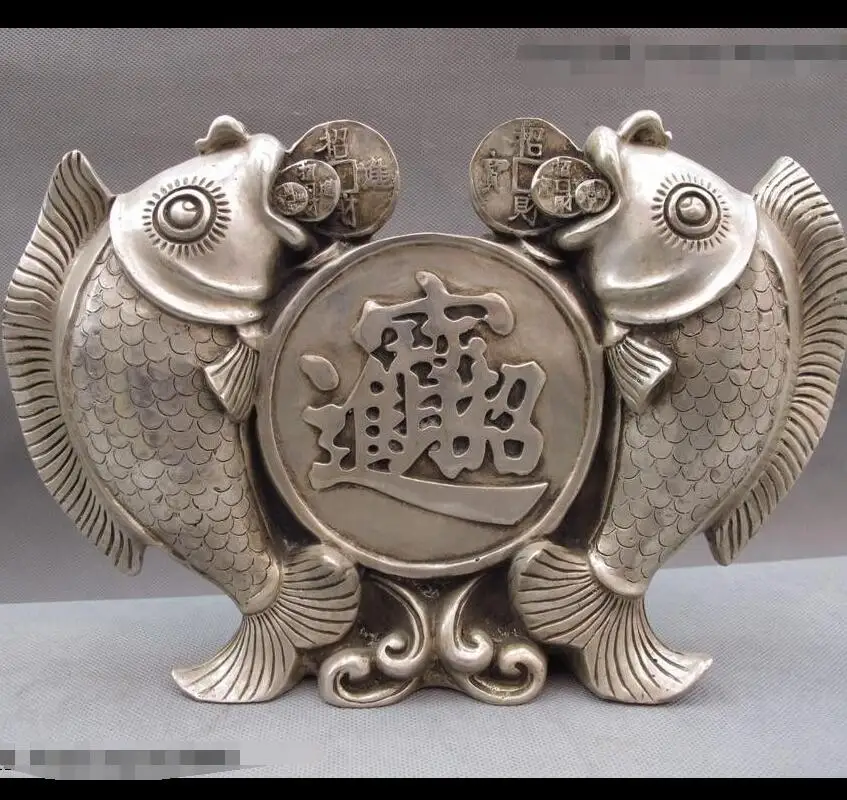 

wan6710974+++China White Copper Silver Lucky Feng Shui Coin Money wealth Two carp Fish Statue