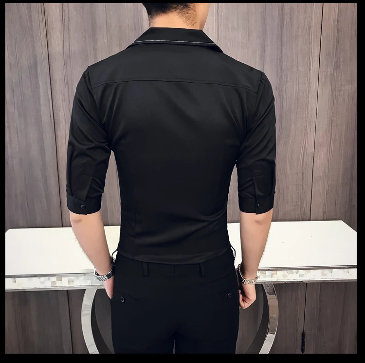 Solid Color Seven-quarter Sleeve Shirt Man Kemeja Pria Camisa Masculina Suit Collar Casual Style Half Sleeve Mens Camisa Hombre